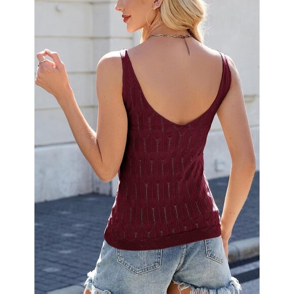 Feoya Women Red Scoop Neck Knitted Cami Layering Sleeveless Pointelle Sweater - Picture 2 of 6